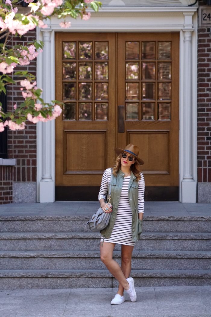 Christine Cameron of My Style Pill wearing Janessa Leone hat with striped dress and white vans 2