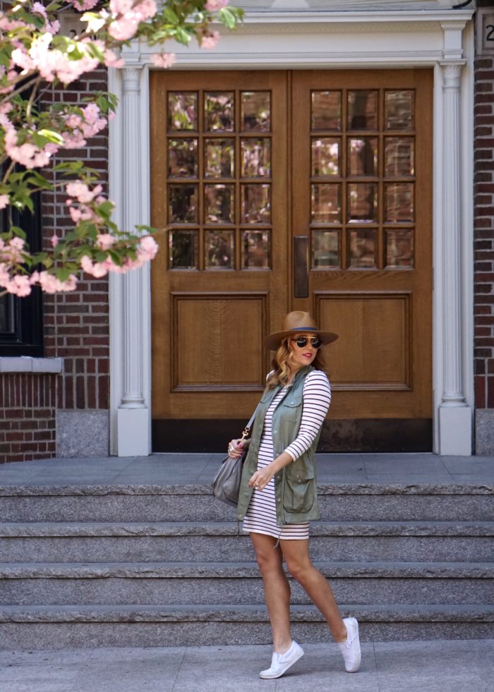 Christine Cameron of My Style Pill wearing Janessa Leone hat with striped dress and white vans 3