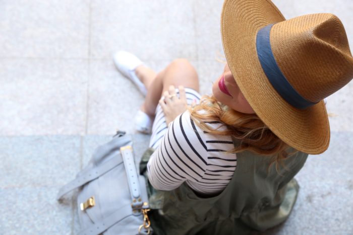 Christine Cameron of My Style Pill wearing Janessa Leone hat with striped dress and white vans 4